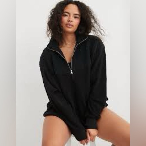 aerie Tops - Aerie Women’s Black Quarter Zip Sherpa Sweatshirt, Size Large